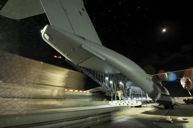 The A400M Atlas, the Royal Air Force’s newest airlift aircraft, delivered a cargo of vital freight into Cyprus this week on its first operational mission as it prepares for initial operational capability later this year. The aircraft, ‘City of Bristol’, flew into RAF Akrotiri delivering operational freight, making this training flight also Atlas’ first operational tasking. [Picture: Crown Copyright] 