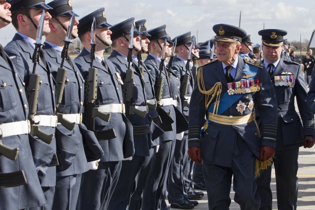 His Royal Highness The Duke of Edinburgh KG KT inspects the troops at the 32 Sqn Standard Parade. The Consecration and Presentation of the 32 (The Royal) Squadron Standard at RAF Northolt on 02 Mar 15. The Reviewing Officer is His Royal Highness The Duke of Edinburgh KG KT. This event happens for a Squadron every 25 years where a new standard replaces the old. [Picture: Crown Copyright]