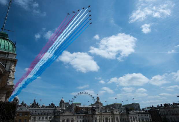 The Red Arrows pay tribute to the VE70 veterans by flying over Horse Guards Parade Ground. HM The Queen led the nation in a Service of Thanksgiving at Westminster Abbey, attended by veterans and their families, representatives of Allied nations and commonwealth countries that fought alongside the UK in the conflict, along with government and military representatives. The service was followed by a parade of around 1000 veterans, organisations and associations representing those who fought in the Second World War in Europe, led by 200 members of the Armed Forces. The parade crossed Parliament Square, before heading up Parliament Street and Whitehall where it passed the famous balcony where Winston Churchill appeared before the crowds on VE Day after his famous speech to mark Victory in Europe. The Prince of Wales took the salute as they entered Horse Guards Parade where members of the public watched the from special seated stands. There a flypast of current and historic aircraft from the Royal Air Force made up of the famous Battle of Britain Memorial Flight and the Red Arrows payed tribute to the veterans as they march, flying directly over Whitehall and St James’s Park, to conclude the celebrations. Veterans and members of the public will then enjoy an afternoon of Second World War era entertainment in St James’s Park and a concert in Trafalgar Square.