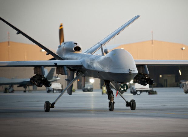 A Royal Air Force Reaper RPAS (Remotely Piloted Air System) at Kandahar Airfield in Afghanistan. Reaper has conducted 110 successful strikes as part of an international coalition in support of the Iraqi Government. 