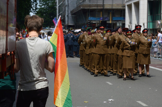 The Army contingent prepare to march through London during the London Community Pride parade. Armed Forces March in London Pride 270615 The Armed Forces marched through the streets of London today on Armed Forces Day as part of the London Community Pride parade. Prior to the event participants met with the Minister of the Armed Forces Penny Mordaunt MP and the Minister for Equalities Incumbent Caroline Dinenage MP as well as a number of Senior Military Officers at the Hyatt Regency Hotel in London. Image taken by LA(Phot) Simmo Simpson, FRPU(E), Royal Navy. Consent forms where required held by FRPU(E), HMS Excellent.