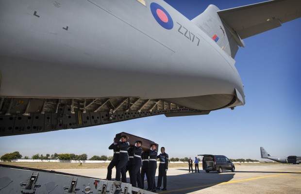 The repatriation of the first eight British civilians killed in the Sousse attack in Tunisia. These first repatriations were carried out by members of the Queens Colour Squadron, Royal Air Force Regiment onboard a C-17 Globemaster aircraft from 99 Squadron, based at RAF Brize Norton.