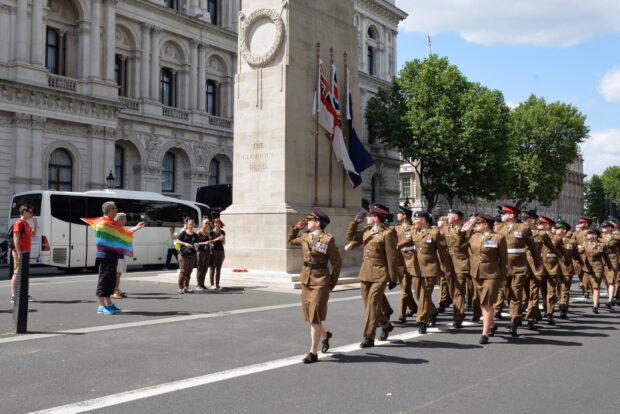 The Army contingent marches past the Cenotaph. Armed Forces March in London Pride 270615 The Armed Forces marched through the streets of London today on Armed Forces Day as part of the London Community Pride parade. Prior to the event participants met with the Minister of the Armed Forces Penny Mordaunt MP and the Minister for Equalities Incumbent Caroline Dinenage MP as well as a number of Senior Military Officers at the Hyatt Regency Hotel in London. Image taken by LA(Phot) Simmo Simpson, FRPU(E), Royal Navy. Consent forms where required held by FRPU(E), HMS Excellent.