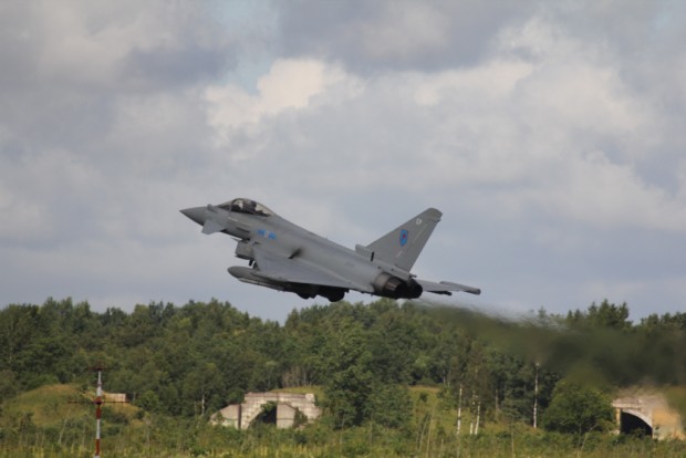 Image taken at Amari Air Force base Estonia.  Shows Typhoon aircraft taking off, and recovery from Quick Reaction Alert (QRA) launch. On Friday 24th July as part of NATOs ongoing mission to police Baltic airspace, RAF Typhoons intercepted 10 Russian aircraft during a single Baltic Air Patrol, Quick Reaction Alert mission: The Typhoon aircraft, from 6 (Fighter) Squadron, RAF Lossiemouth were launched after multiple groups of aircraft were detected by NATO air defences in international airspace near to the Baltic States. Once airborne, the RAF jets identified the aircraft as 4 x FULLBACKS Sukhoi Su-34 fighters, 4 x FOXHOUNDS Mikoyan MiG-31 fighters and 2 x Antonov An26 CURL transport aircraft who appeared to be carrying out a variety of routine training. The Russian aircraft were monitored by the RAF Typhoons and escorted on their way.