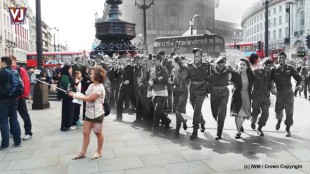Then and now: 2015 selfie sticks and 1945 #VJDay70 celebrations in Piccadilly Circus. (c) IWM / Crown Copyright