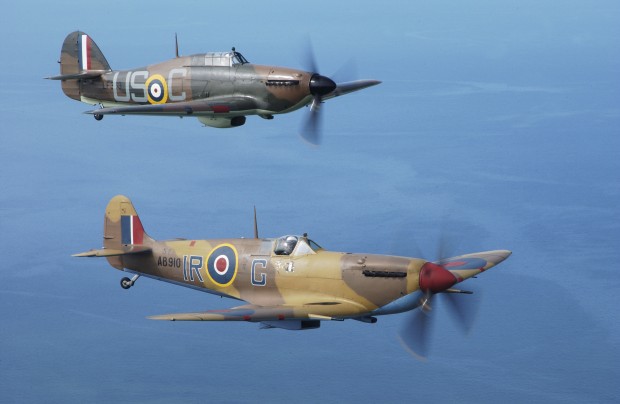 Part of a series of images captured during a two day period spent with the Royal Air Forces Battle of Britain Memorial Flight which is based at RAF Coningsby, Lincolnshire. The Spitfire is seen here in the foreground, and the Hawker Hurricane in the background.