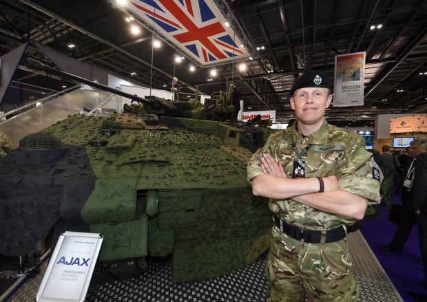 WO1 RSMI Tony Pasquale of the Royal Tank Regiment stands by the Ajax. The first British Army squadron will be equipped by mid-2019 to allow conversion to begin with a brigade ready to deploy from the end of 2020.