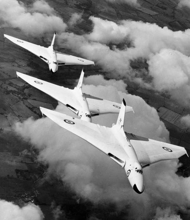 Vulcan bombers from RAF Waddington flying in formation in 1957.
