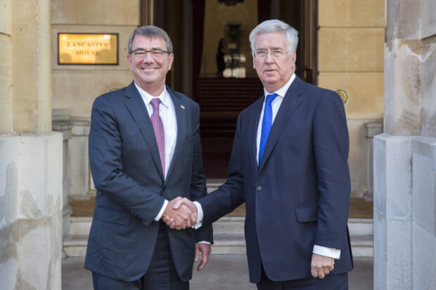 Pictured:L-R: Ashton Cater and Michael Fallon outside Lancsater House. 