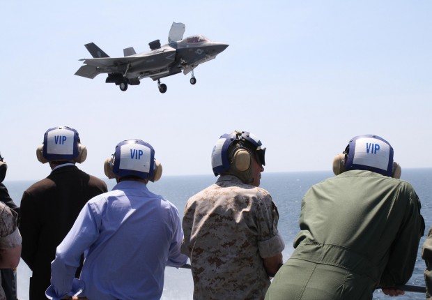 Distinguished visitors from the U.S. Department of Defecse and the United Kingdom Ministry of Defence, watched as an F-35B aircraft landed on the flight deck of USS Wasp (LHD 1) off the coast of Virginia. F-35B operational testing (OT-1) continuded throuhout May 2015. Sixteen UK service personnel were embarked aboard USS Wasp, gaining valuable hands-on experience as the UK re-generates its Carrier Strike capability.
