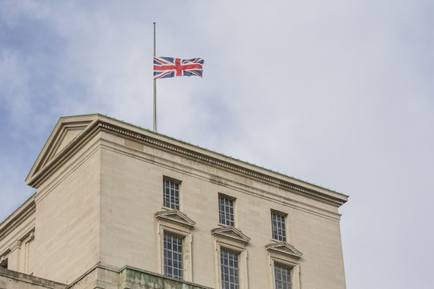 Flags at half mast on MoD Main Building in London to mark the Paris terror attacks.