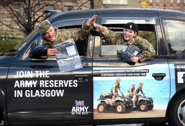 GLASGOW TAXIS IN SUPPORT OF SCOTTISH ARMY RESERVES Glasgow Taxis Ltd showed its support for Scottish Army Reserve units yesterday by wrapping two taxis in Army Reserve branding to promote this years recruitment campaign. 