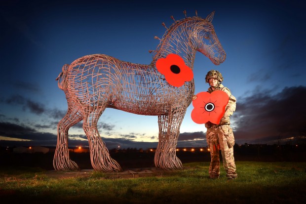 Serving soldier Bombardier Murray Kerr (43) of the Royal Artillery 77 Brigade carried out a military inspection of the poppy proudly displayed on the famous Heavy Horse sculpture at Baillieston on the M8. The 4.5 metre Clydesdale horse, created by renowned sculptor Andy Scott, has faithfully worn a specially designed poppy every year since 2011 to raise awareness of the annual Scottish Poppy Appeal. The theme of the 2015 Scottish Poppy Appeal is Donate like you mean it and Poppyscotland is aiming to raise as much money as possible so it can continue to support those in the Armed Forces community who need it most. Photo caption: "My Poppy Means Thank You" Bombardier Murray Kerr shows his appreciation when he inspects the huge Iron Horse at Ballieston. People can support the 2015 Appeal by taking a video or photo selfie using the hashtag #MyPoppyMeans and sharing on social media then donating like they mean it by putting money in the poppy tins, texting POPPY to 70800 to give £3* or going online at www.poppyscotland.org.uk ENDS