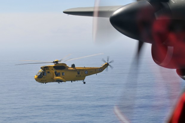 RAF Sea King Search & Rescue Helicopter during a recent operation between The Falkland Islands and South Georgia. Picture taken from a Royal Air Force C-130J Hercules. Crown Copyright. 
