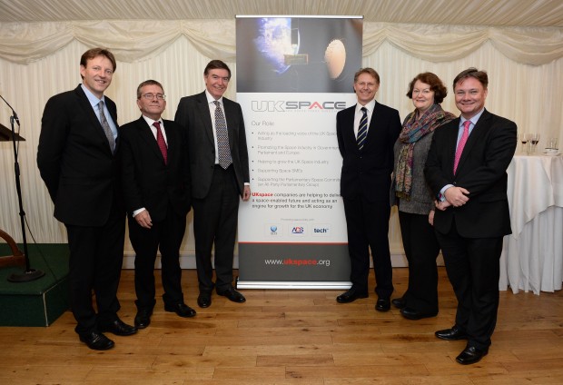 Parliamentary Space Committee Winter Reception. (L-R) Derek Thomas MP, Steve Smart (VP Space, Defence, National and Cyber Security at CGI, and Chair UKspace), Philip Dunne MP, David Morris MP, Dr Philippa Whitford MP and Iain Wright MP.