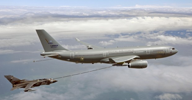 A Royal Air Force Voyager aircraft refuelling a Tornado GR4.