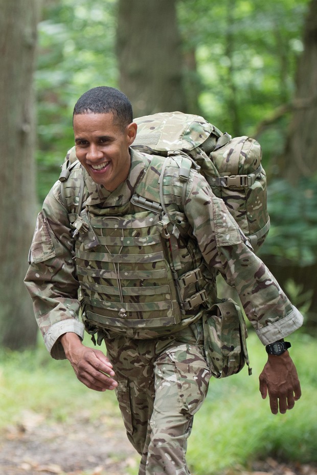 Pictured: Staff Sergeant Anthony Burrell wearing the Army's new VIRTUS personal protection equipment while conducting an Operational Fitness Test as part of his Gym to Gym Challenge at Royal Military Academy Sandhurst on Thursday 23 July 2015 . A soldier from the Royal Military Academy Sandhurst ( RMAS ) has just completed all the Army's fitness tests in 24 hours, in a challenge, whilst trialling the Army's latest VIRTUS personal protection equipment. Staff Sergeant Anthony Burrell of the Royal Logistics Corps, a PTI serving in the Army Engagement Group, set off at 0930 on Thursday 23 July 2015 from RMAS , his route via Deepcut, Pirbirght and Aldershot, where he completed all the finest tests including swimming and cycling. The personal challenge was two-fold as Anthony aimed to demonstrate the flexibility of the new body armour, helmet and load carriage system, whilst raising money for the Army Benevolent Fund ABF the Soldiers Charity . Virus, which sees the first phase roll out to units from December, provides a generic soldier architecture upon which all future soldier systems will be based and interoperable with . It weighs less than the current issued personal protection equipment, has improved ergonomics and will rectify any kit integration problems. NOTE TO DESKS: MoD release authorised handout images. All images remain crown copyright. Photo credit to read - Corporal Max Bryan (Army Photographer)