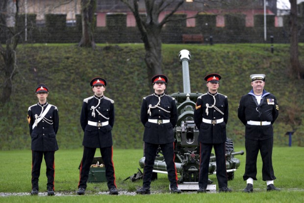 A gun crew of stands on parade ahead of the Rayal Salute. The Royal Salute was fired by C Troop 211 Battery, which forms part of 104 Regiment Royal Artillery, whose headquarters is based at Raglan Barracks in Newport. 