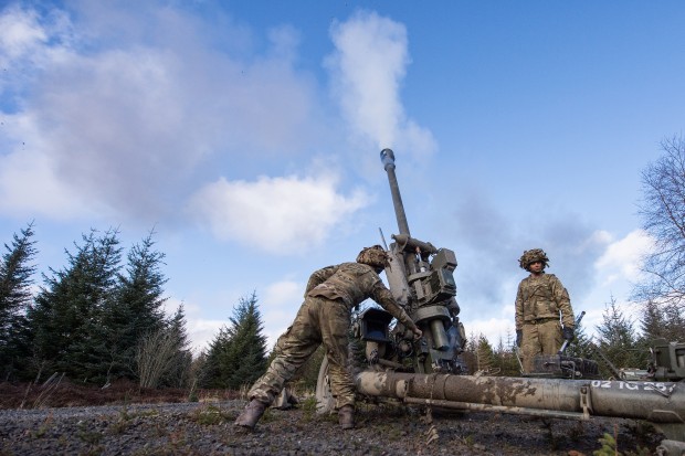 Over 1400 soldiers from Royal Artillery Regiments across the United Kingdom and Europe have come together to participate in a part of a huge syncronised air and artillery live firing exercise held in Northumberland. British Army soldiers from 3 Royal Horse Artillery fire a Light Gun on Otterburn Training Area on Tuesday 1st March 2016.