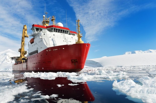 Image of HMS Protector, at Port Lockroy, on north-west shore of Wiencke Island, in Palmer Archipelago. Crown Copyright