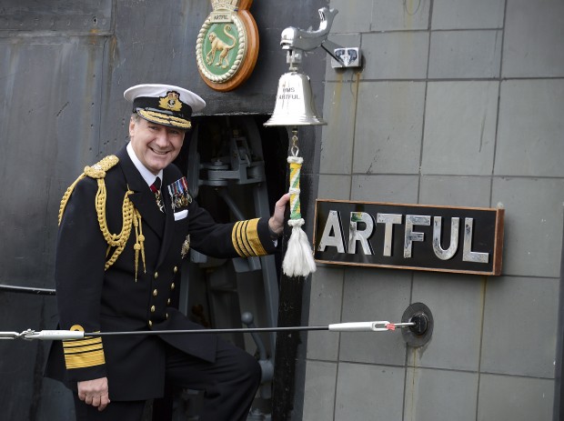 Image of Admiral Sir George Zambellas, First Sea Lord seen at the HMS ARTFUL commissioning ceremony conducted at HMNB Clyde. Astute Class submarine HMS Artful officially became a Commissioned Warship of the Royal Navy at a ceremony at HM Naval Base Clyde today, Friday, 18 March 2016. Guest of honour at the ceremony was the submarine's sponsor Lady Zambellas, who had named Artful in September 2013, before her launch in May 2014, in Barrow in Furness. Amanda Zambellas was joined by her husband Admiral Sir George Zambellas, the First Sea Lord and head of the Naval Service, representatives of the companies involved in Artful's construction and operation as well as the submarine's 150 crew, their families and friends. This is a red letter day that marks the beginning of the next crucial stage of development for the Royal Navy and its Submarine Service,  said Admiral Sir George Zambellas, First Sea Lord and Chief of Naval Staff. Todays ceremony dramatically increases the operational capability of the Submarine Service with the commissioning of our third Astute-class boat, and is another milestone in the journey towards HM Naval Base Clyde becoming the UK Submarine Centre of Specialisation by 2020. Lady Amanda Zambellas said: It is wonderful that so many families and affiliates could join HMS Artful for her big day. Over a decade has passed since her keel was laid, so it is hugely rewarding for everyone involved with the project to finally see the White Ensign flying from her stern.