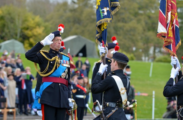 Pictured: HRH The Duke of Kent salutes the Regiment's new Colours after handing them over to the Colour Party who protect them whilst on parade. Tidworth based 1st Battalion The Royal Regiment of Fusiliers (1RRF) marked the presentation of their new colours, when His Royal Highness The Duke of Kent inspected the troops and presented 1RRF with their new Colours at Tidworth Polo Ground, Wiltshire, on Saturday 23 April 2016. The Regiments Colonel in Chief, HRH The Duke, inspected the Regiment, took the salute during the 1RRF march past and presented the new colours to the Regiment. Following the parade the Duke of Kent met a selection of serving and retired members of the Regiment and their families. The days events will came to a close with the Sounding the Retreat by the 1RRF Corps of Drums. Photographer - Cpl Daniel Wiepen RLC (Army Photographer) - Army Headquarters NOTE TO DESKS: MoD release authorised handout images. All images remain Crown Copyright. Photo credit to read - Cpl Daniel Wiepen RLC (Phot) richardwatt@mediaops.army.mod.uk shanewilkinson@mediaops.army.mod.uk Richard Watt - 07836 515306 Shane Wilkinson - 07901 590723