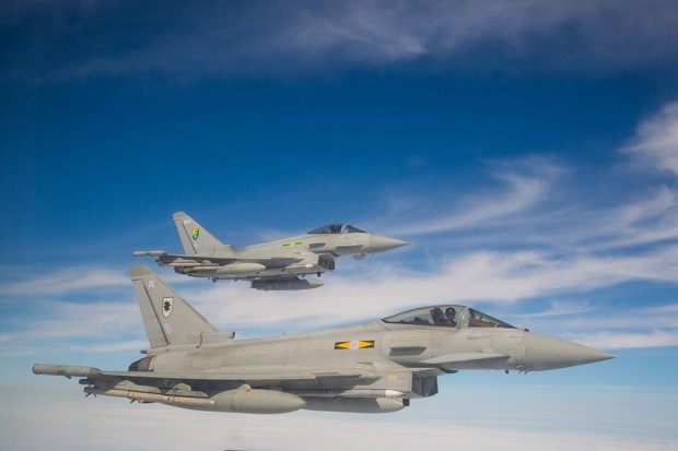 Typhoon aircraft from 3(F) and XI(F) Squadron based at RAF Coningsby in Lincolnshire on a Quick Reaction Alert Scramble above the skies of the UK. Images taken from a falcon aircraft which acted as an intruding aircraft and two Typhoon scrambled to intercept the Aircraft. Photo By:- SAC Megan Woodhouse(RAF) For further information contact RAF Coningsby Photographic Section: Photographic Section RAF Coningsby Lincs LN4 4SY Tel: 01526 347386