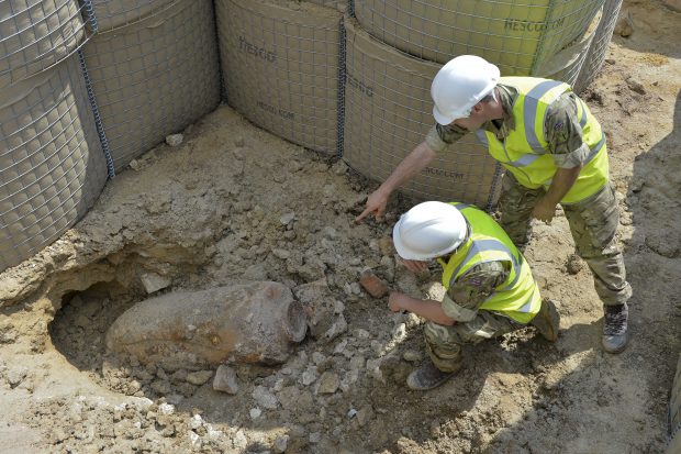 Army personnel supporting Avon and Somerset Constabulary to deal with a World Two bomb unearthed in Bath. The personnel were from 721 EOD Squadron, 11 Explosive Ordnance Disposal Regiment, Royal Logistic Corps, based Ashchurch supported by 101 Regiment RLC (EOD) based Wimbish. Their tasking was to build a wall of sand around the bomb before it was made safe and removed from the site and taken away for disposal.