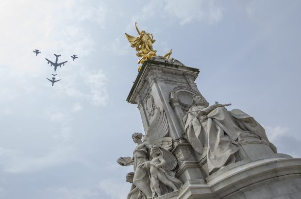 The RAF flew over Buckingham Palace as part of the Queens Birthday Flypast on 11 June 2016. Seen here flying over the Queen Victoria Monument.