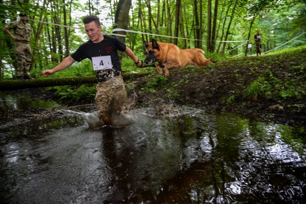 1 (MWD) Military Working Dogs Regiment held an Inter  Troop Canine Half Marathon Relay at Chiron Lines to raise money for the Army Benevolent Fund. The day was a test of soldiers fitness, MWDs fitness as well as dog handling skills. The 1.1 mile route was completed three times by each participant. The teams consisted of four participants and a total of 13.1 miles was therefore completed by each team. Participants completed each 1.1 miles with the same MWD.