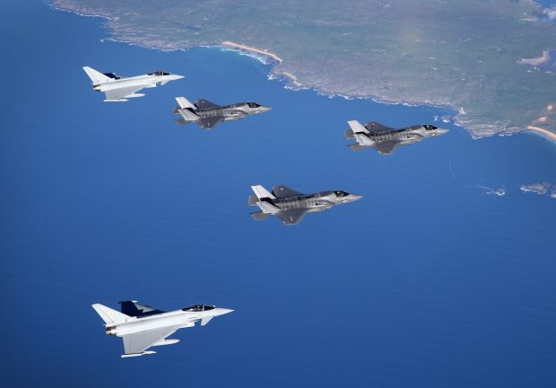 F-35B Lightning arrives into the UK, Flanked by 2, 1Sqn Typhoons. Crown Copyright. 