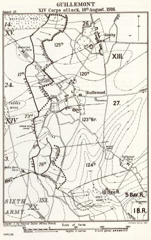 A contemporary map showing the battle area near Guillemont. Crown Copyright