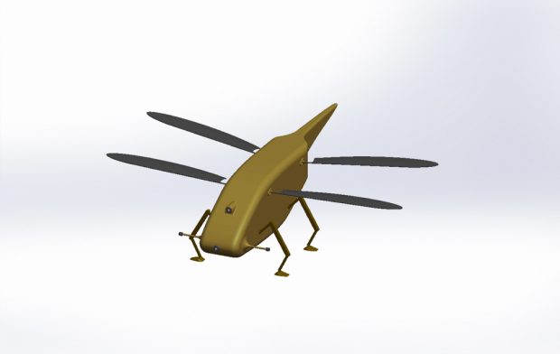 Computer generated image showing the dragonfly micro-drone. A tiny Unmanned Aerial System with flapping wings inspired by the biology of a dragonfly, currently in development with Animal Dynamics. The micro-drone will use cutting edge micro-engineering for unparalleled levels of performance. This has the potential to have a huge impact on intelligence-gathering in future operations in complex urban environments.