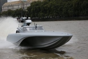 Pictured is UKs Maritime Autonomy Surface Testbed (MAST), an unmanned surface vessel (USV) based on the innovative BLADERUNNER hull shape undergoing trials in the tidal Thames.