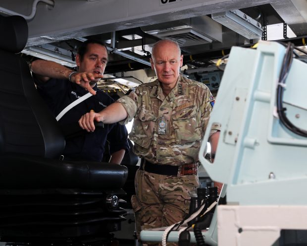 The Chief of Joint Operations Lieutenant General Sir John Lorimer KCB DSO MBE visited HMS Bulwark as part of JJEF(M). Crown Copyright.