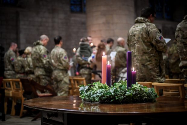 Officers and soldiers from Headquarters Allied Rapid Reaction Corps (HQ ARRC) attend carol services at Tewkesbury Abbey in Gloucestershire.