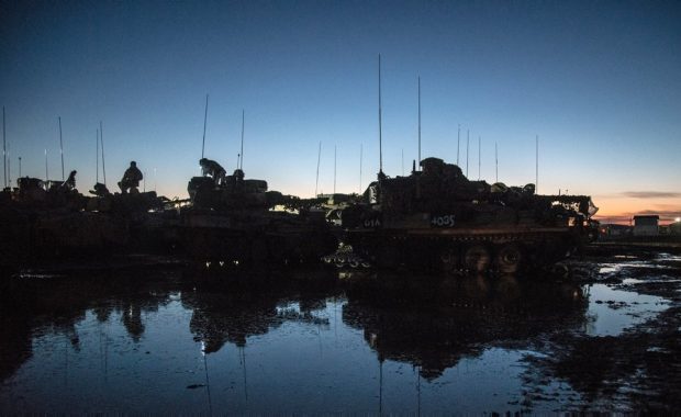 The Royal Dragoon Guards CVT(T) Armoured Fighting Vehicles during a night exercise. The Royal Dragoon Guards (RDG), were the lead Battlegroup for Exercise Iron Strike 2016. Held at the British Army Training Unit Suffield (BATUS), Canada. Crown Copyright.