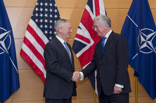 Secretary of Defense Jim Mattis meets with Britain's Secretary of State for Defense Michael Fallon at the NATO Headquarters in Brussels, Belgium, Feb. 15, 2017.