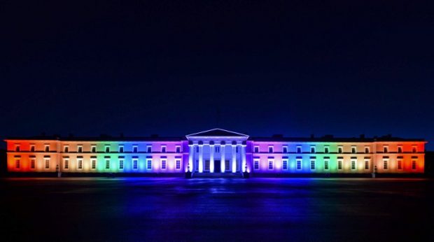 Royal Military Academy Sandhurst with the colours of the rainbow to celebrate the Pride 2016 . Crown Copyright.