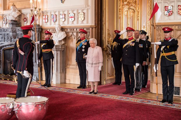 Her Majesty The Queen enters St George's Hall. The Queen was at Windsor Castle today to present a guidon to The Royal Lancers who are based in Catterick. The monarch also added an honorific suffix to the regiment's name to mark 70 years of her being its Colonel-in-Chief. The regiment will now be known as The Royal Lancers (The Queen Elizabeths' Own) Also in attendance at the Berkshire residence was His Royal Highness The Duke of York, who is Deputy Colonel-in-Chief. Sgt Rupert Frere RLC / MoD Crown