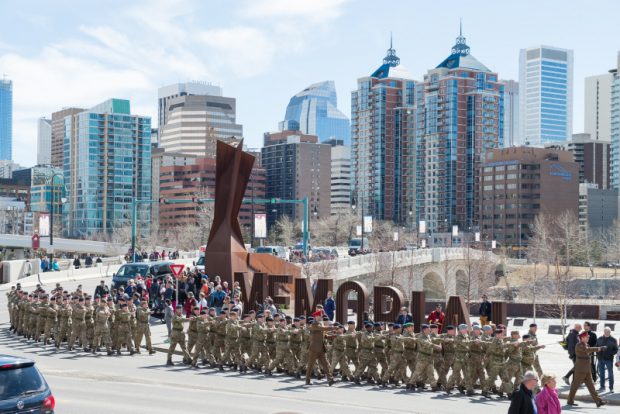 Over 100 British troops are parading with Canadian colleagues in Calgary to commemorate the 100th anniversary of the Battle of Vimy Ridge.