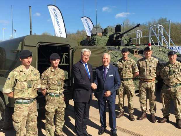 The Secretary of State for Defence, Sir Michael Fallon with Steve Rowbotham, Chief Operating Officer of General Dynamics UK at their site in South Wales.