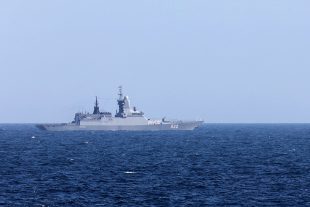 One of the Russian warships being escorted by Royal Navy frigate HMS Sutherland. Crown Copyright.