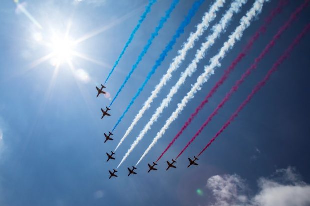 The Red Arrows flew over Buckingham Palace as part of the Queen's Birthday Flypast by the Royal Air Force. Crown Copyright.