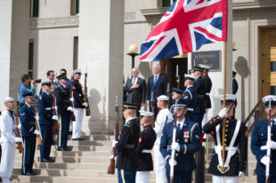 Defence Secretary Jim Mattis stands (left) with the United Kingdom’s Secretary of State for Defence Sir Michael Fallon (right) before a meeting at the Pentagon in Washington, D.C.