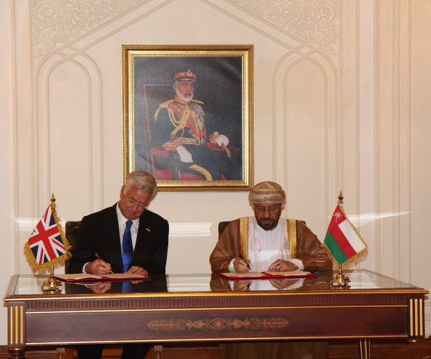 Defence Secretary Sir Michael Fallon signs an agreement on defence cooperation with His Excellency Sayyid Badr bin Saud bin Harib Al Busaidi