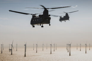 Blowin' In The Wind Two Mk6 Chinooks crewed by 7 Sqn, based out of RAF Odiham, head out over North Sea Wind Farms during a low level insertion to retrieve a downed pilot during a rotary training exercise.