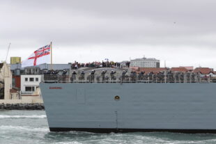 Royal Navy warship HMS Diamond has set sail from Portsmouth Naval Base for a nine-month operational deployment. Crown Copyright.