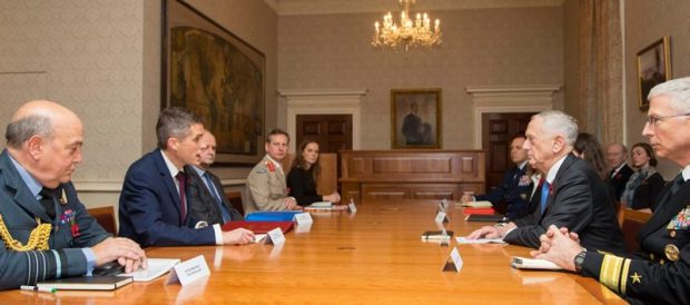 Defence Secretary Gavin Williamson CBE MP talking to US Secretary of Defence Jim Mattis during bilateral talks in MOD Main Building, London.