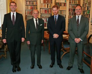 Pictured L-R at Buckingham Palace: Major General Robert Magowan (outgoing Commandant General Royal Marines), His Royal Highness The Duke of Edinburgh (outgoing Captain General Royal Marines), His Royal Highness Prince Harry (incoming Captain General Royal Marines) and Major General Charles Stickland (incoming Commandant General Royal Marines). Crown Copyright.